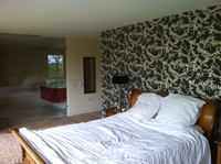 Wallpaper on wall behind the bed